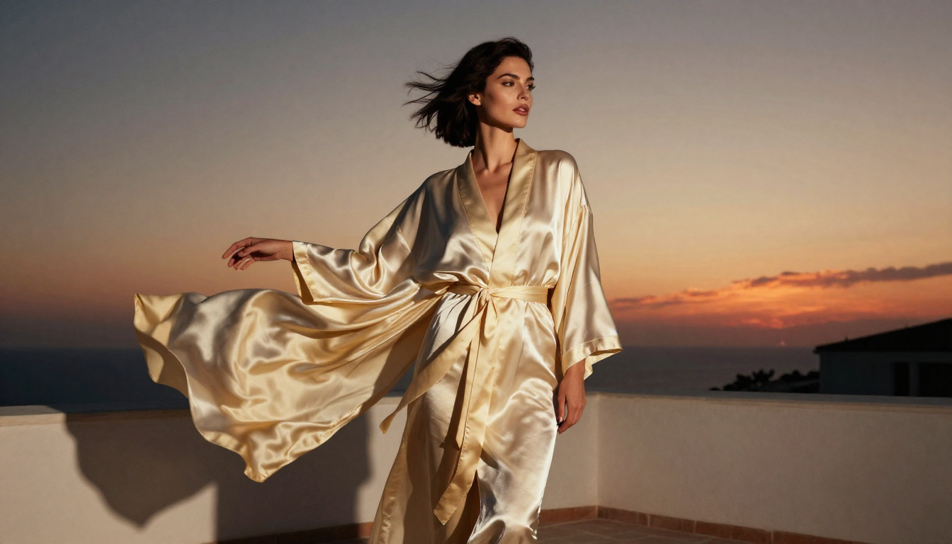 Perla Ora silk kimono at golden hour