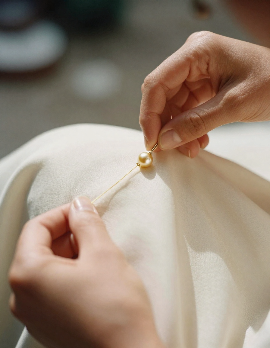 Hands sewing golden pearl